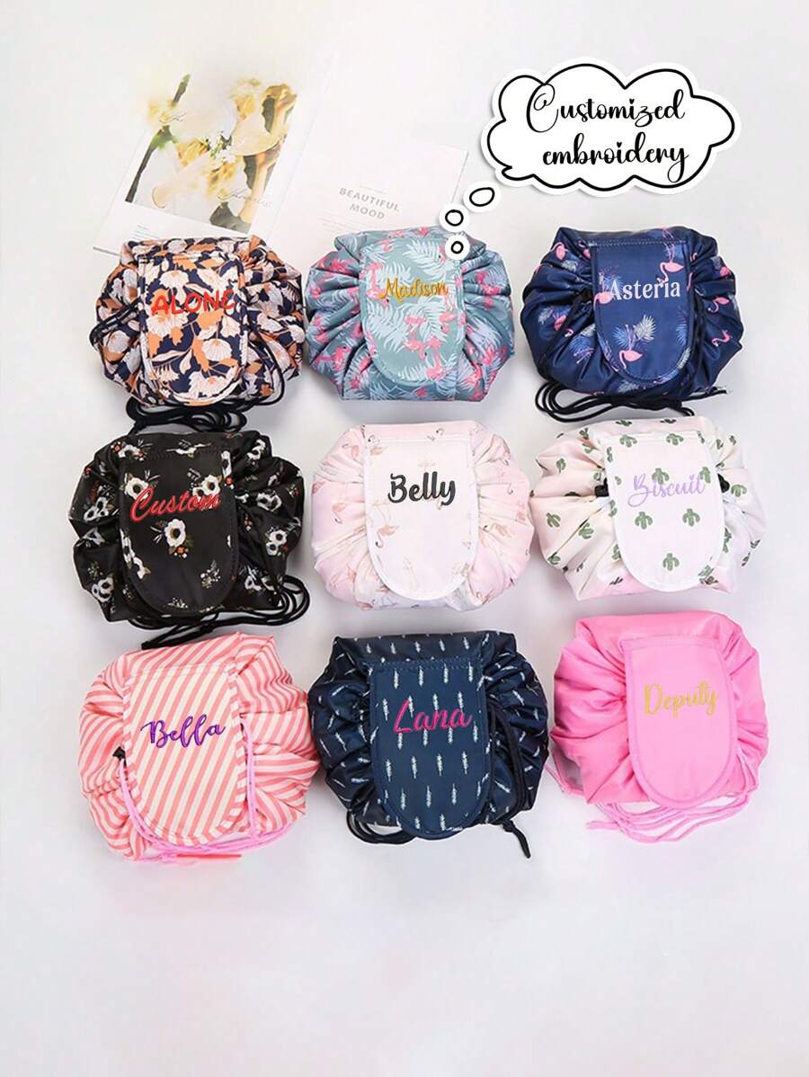 Customized Embroidered Slouchy Drawstring Makeup Bag Storage Bag Portable Travel Storage Bag Slouchy Bag Large Capacity Cosmetics, Makeup Storage, Color Bundle Storage, Beach Swimming Clothes Storage Bag