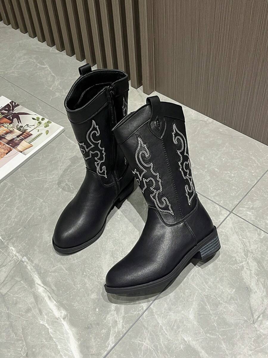 Stivali da cowboy stile occidentale ricamati per bambini, stivali unisex a metà polpaccio, stivali da equitazione vintage, polivalenti