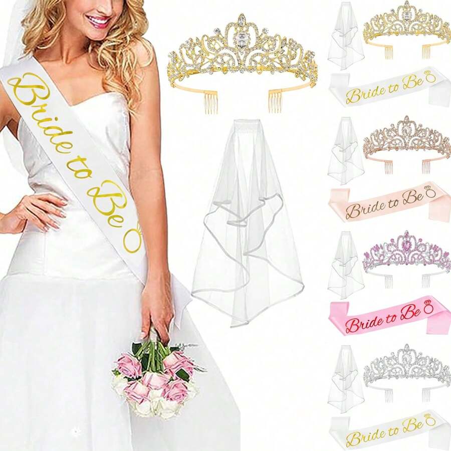 3 pièces Décorations pour enterrement de vie de jeune fille, couronne de douche de mariée, écharpe "Future mariée" et voile pour femmes. Cadeaux d'enterrement de vie de jeune fille, fournitures d'enterrement de vie de jeune fille, cadeaux, faveurs