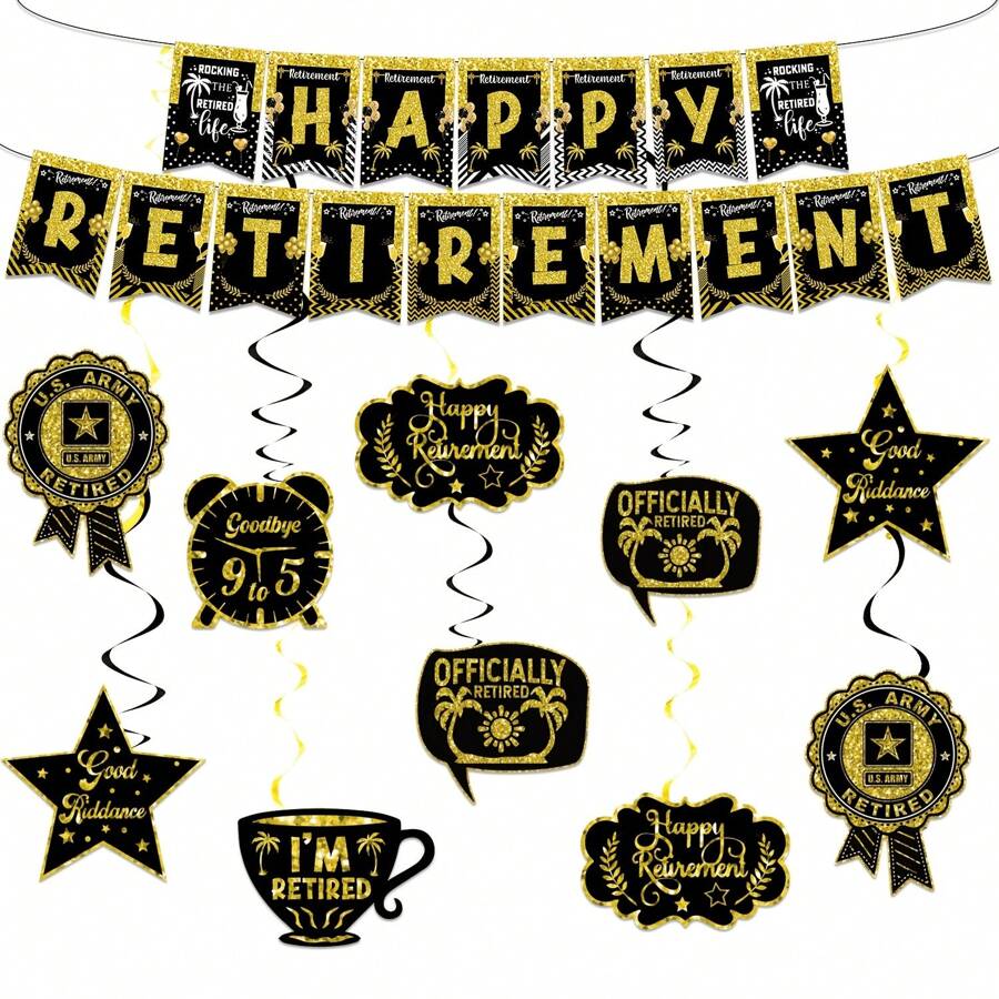 Decoraciones para fiesta de jubilación para hombres y mujeres: Pancarta de "Feliz jubilación" en negro y dorado, kit de adornos colgantes ondulados para decorar la fiesta de jubilación