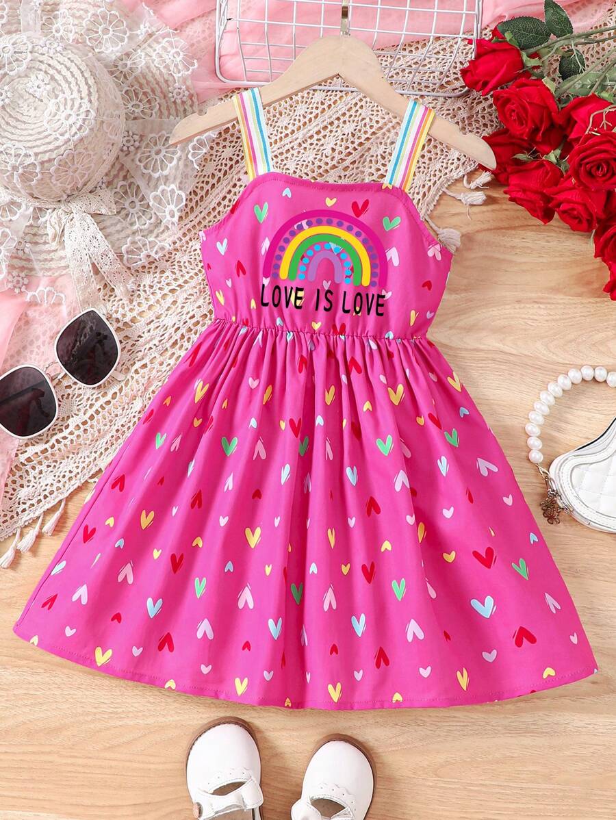 Young Girls' Colorful Strap Rainbow & Heart Print Casual Sundress, Spring/Summer