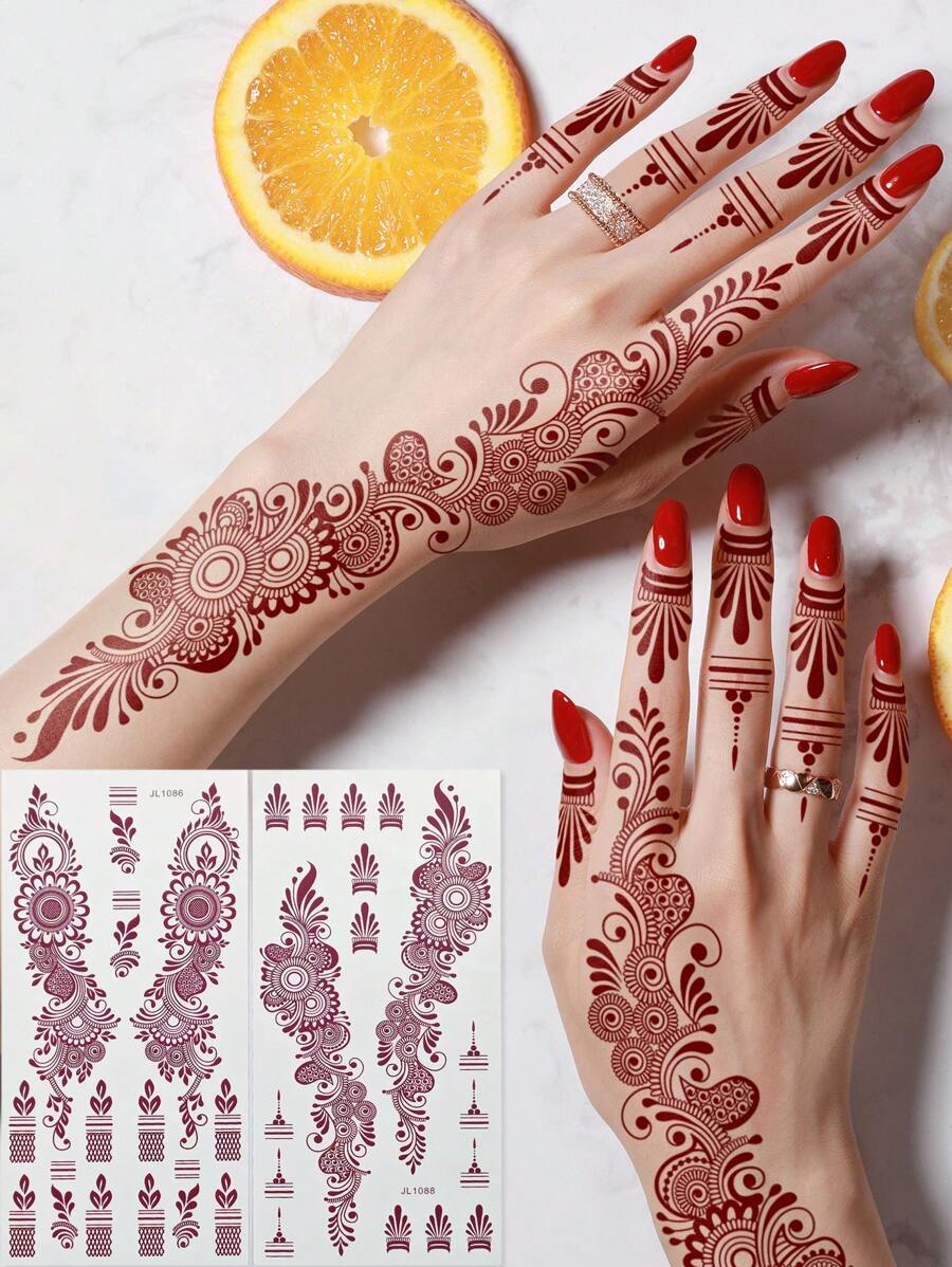 Tiebeauty 2 Sheet Flower Henna Tattoo Sticker Brown Waterproof Hand Tattoo Sticker For Women Party Decals Mehndi Designs