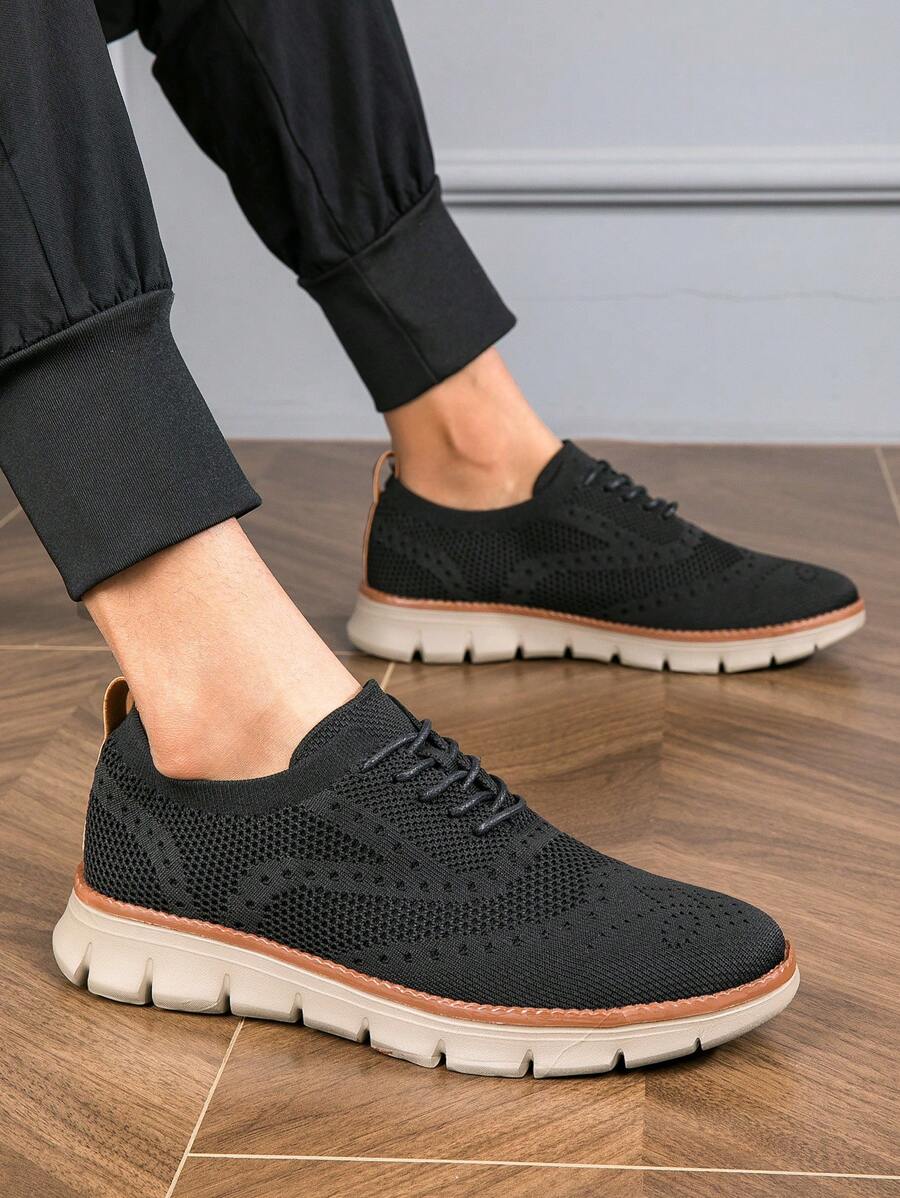 Plus Size Men Summer Shoes (Size 45-48) Black Perforated Breathable Lace-Up Casual Sneakers, Lightweight & Comfortable, British Style