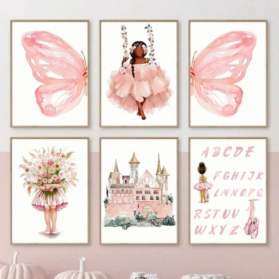 1 pieza Pintura en lienzo de arte de pared con unicornio en un columpio de flores acuarela, castillo, pósteres e impresiones, decoración de pared sin marco