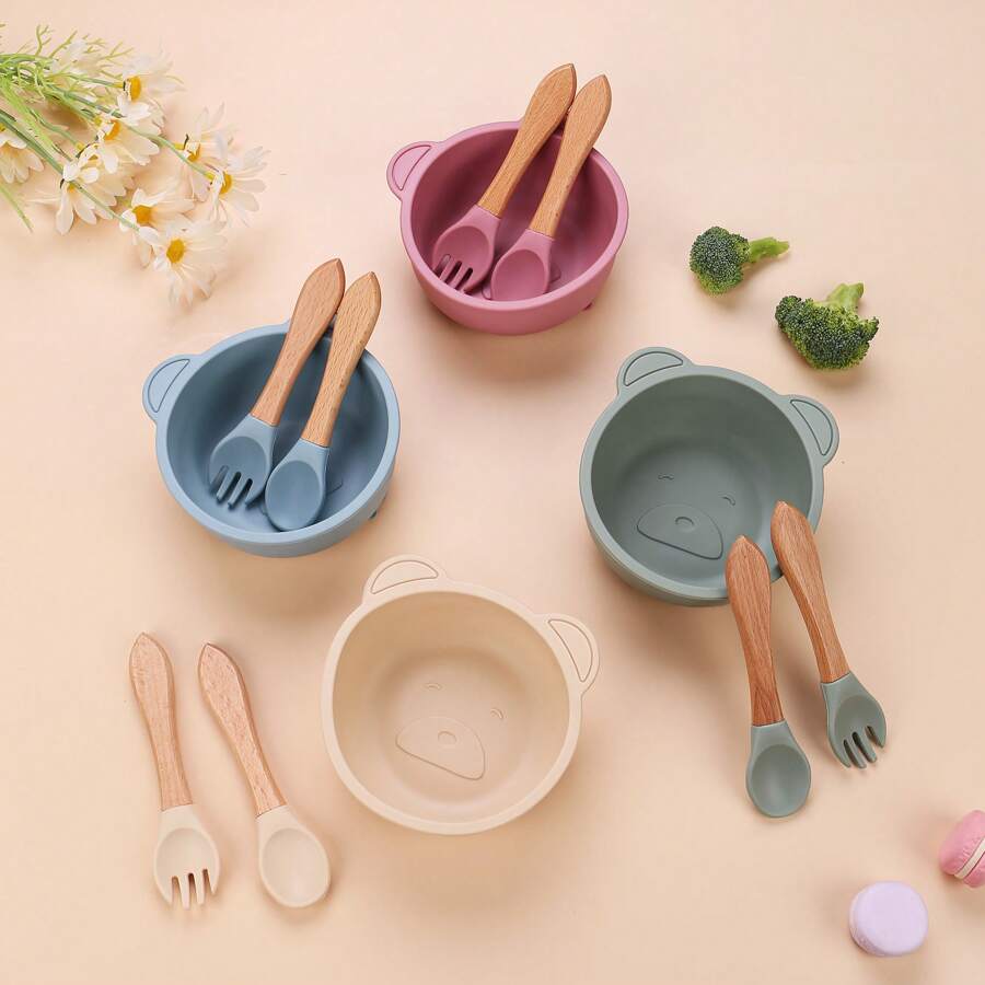 3 pezzi Set di ciotole per bambini in silicone con piatto con ventosa, cucchiaio e forchetta in legno, sicuro per microonde e lavastoviglie