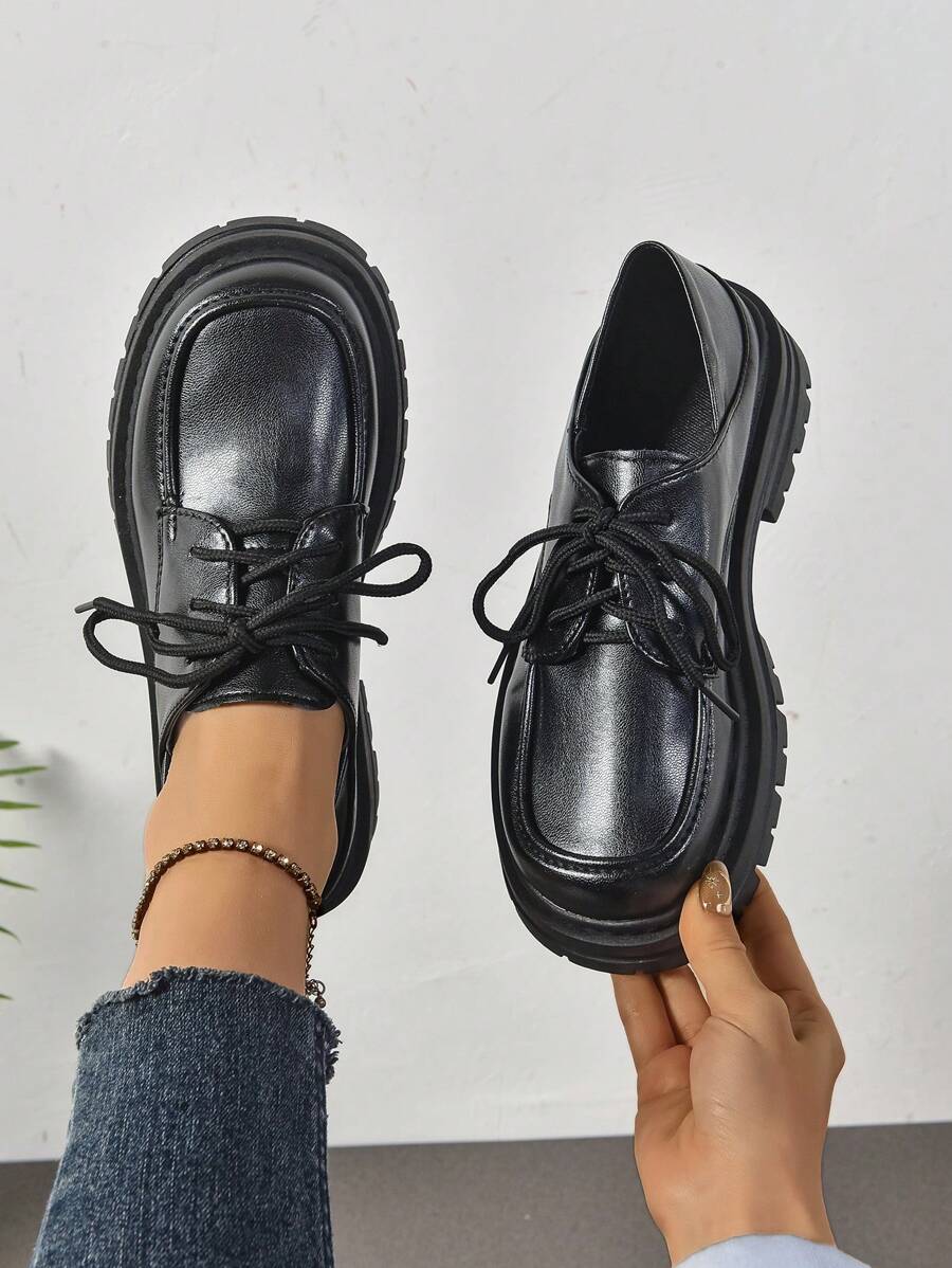 British Style Chunky Sole Leather Women Loafers, Versatile Round Toe Casual Shoes For Spring/Autumn