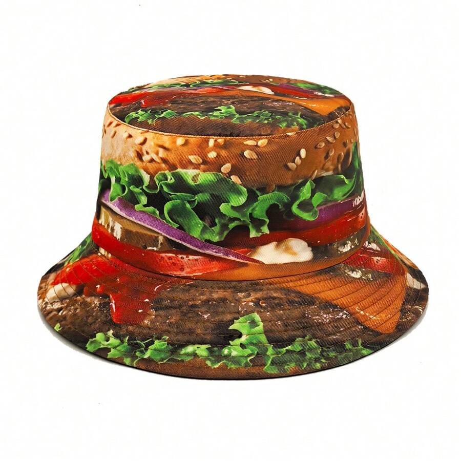 Sombrero de cubo con estampado 3D de hamburguesa, sombrero unisex de hip hop reversible para uso al aire libre
