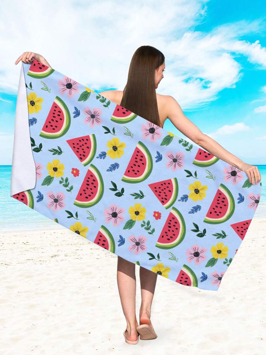 1pc Watermelon & Floral Print Microfiber Absorbent Beach Towel, Suitable For Swimming, Vacation, Bathing, Outdoor Travel Summer,Holiday