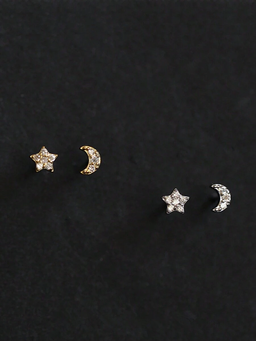 1 Pair Minimalist 925 Sterling Silver Star & Moon Asymmetric Earrings, Korean Jewelry Gift For Women, Friends, Birthday