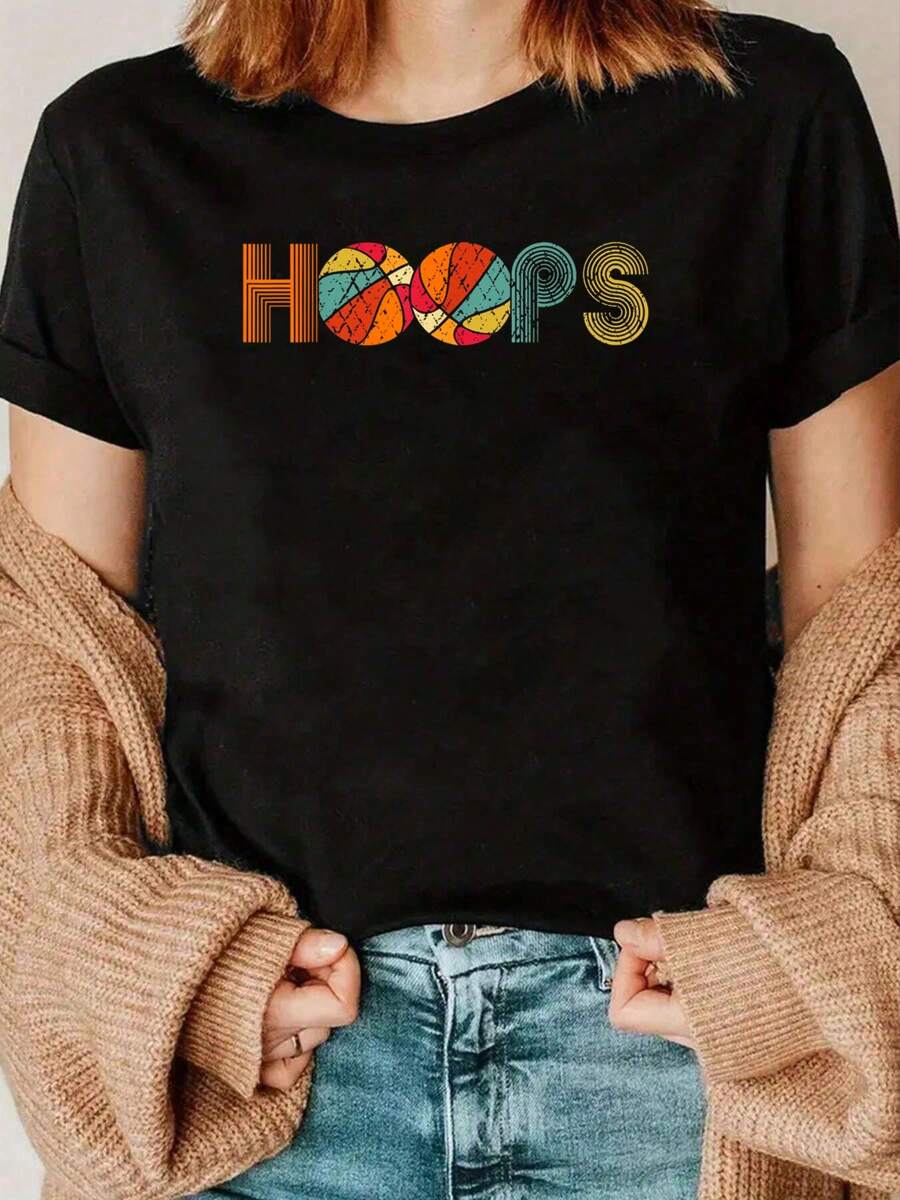 Retro Vintage Basketball Hoops T-Shirt , Woman & T-Shirt Print Crew Neck T-Shirt, Women Graphic T Shirts, Casual Short Sleeve T-Shirt For Spring & Summer, Women's Clothing