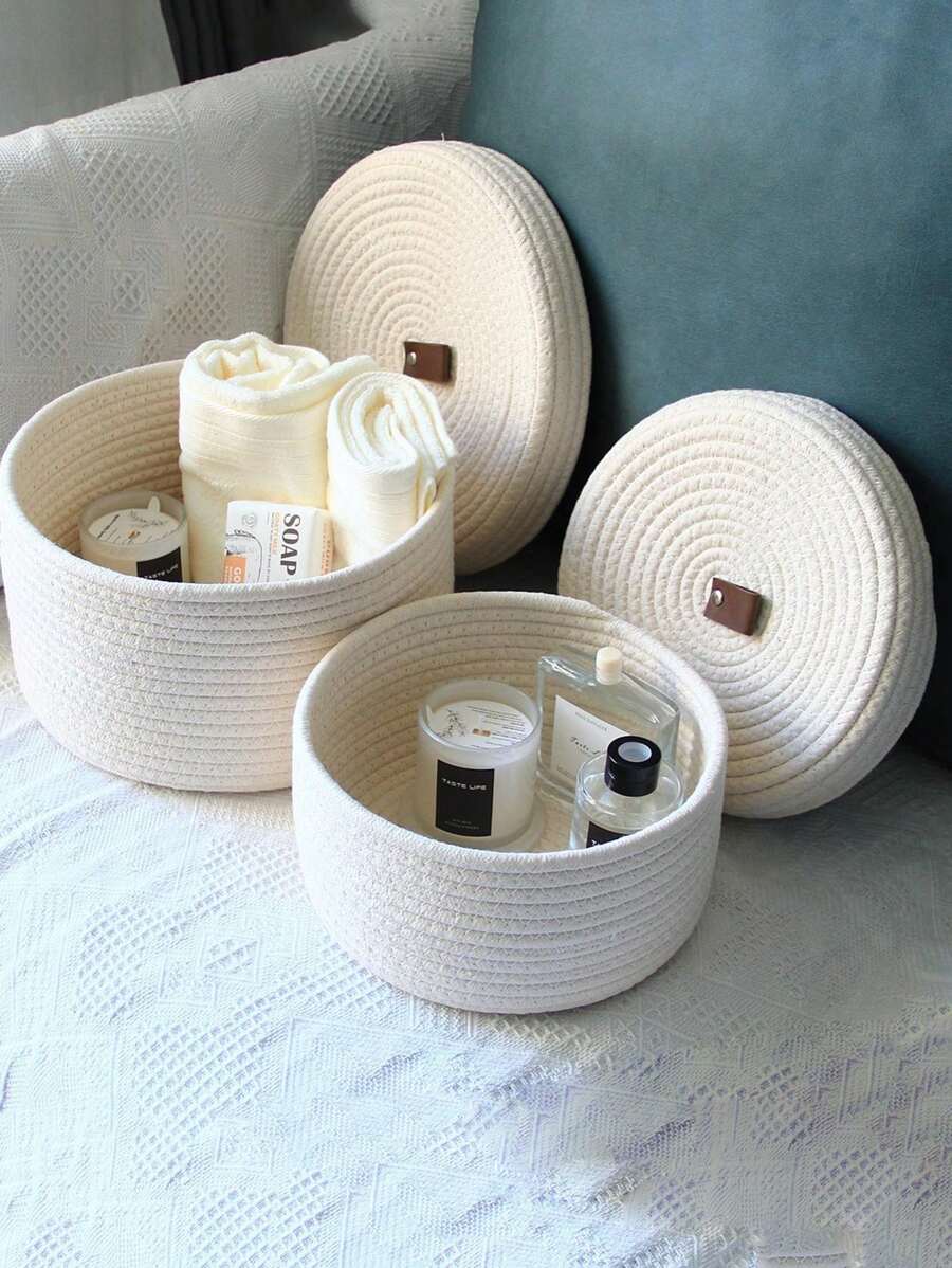 1pc Rope Storage Box Woven Desktop With Lid Jute Sundries Toy Cosmetic Storage Basket Round Multifunctional Sundries Basket Holiday Gift Blue
