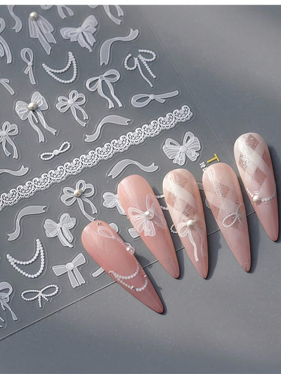 1pc White Bowknot Design 5D Nail Art Sticker With Pearl Self Adhesive Lace Ribbons Bowtie Butterfly Decals Nail Art Decoration