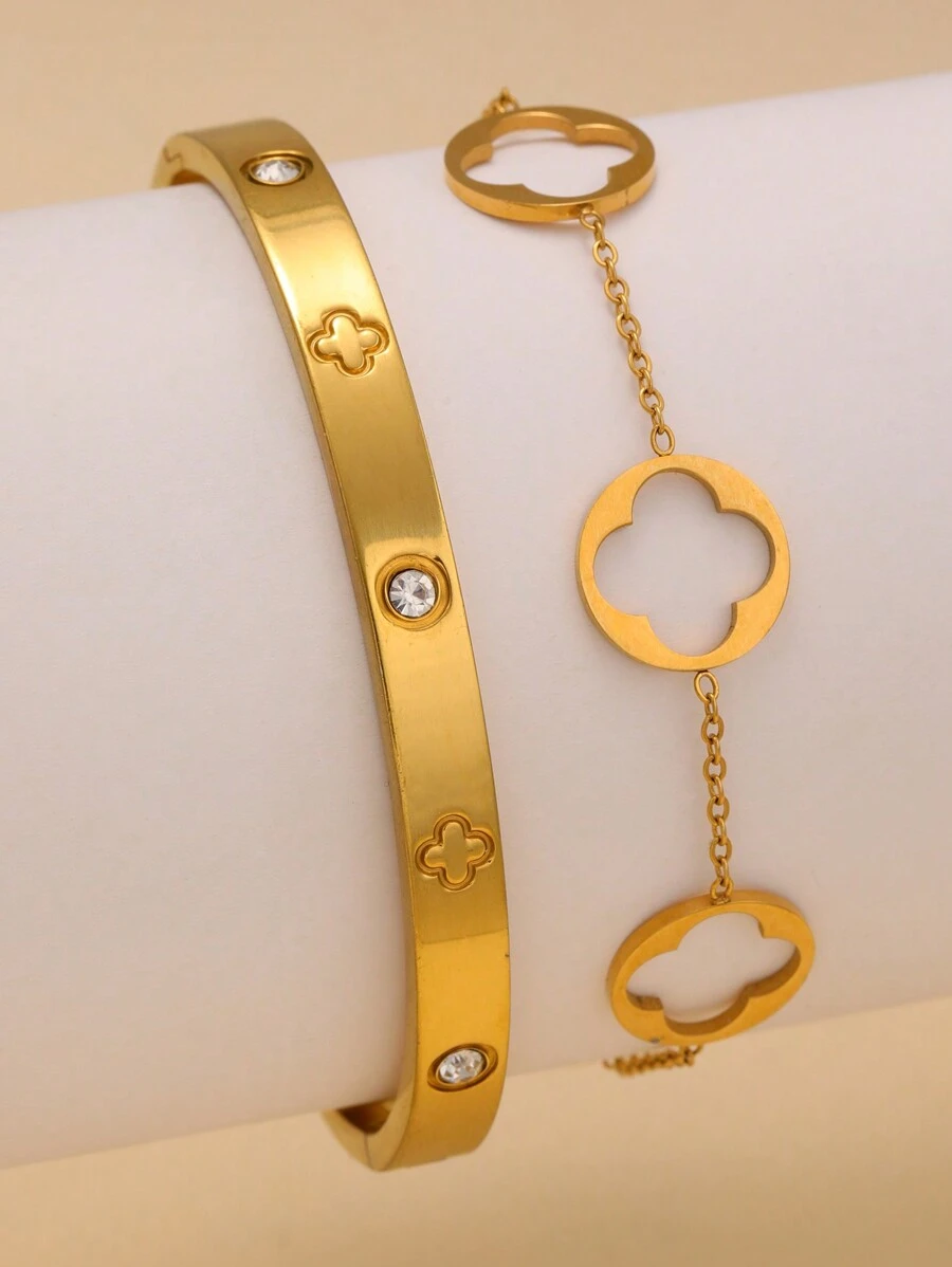 Fashionable Stainless Steel Four-Leaf Clover Women Bracelet, Floral Design Suitable For Daily Wear And Gift