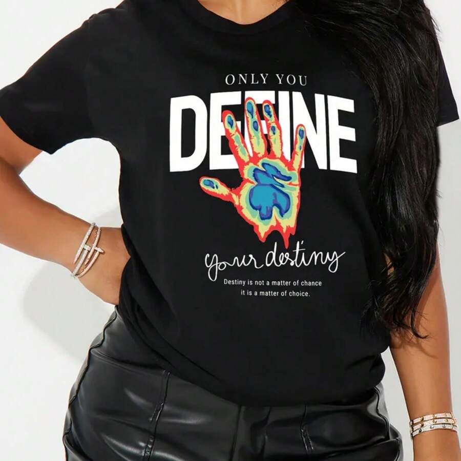 Women's Casual Short Sleeve T-Shirt With Unique Palm & Letter Print - Crew Neck, Soft Machine Washable