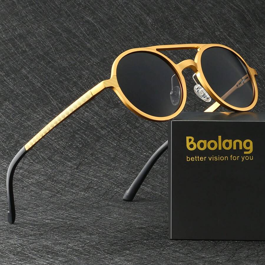 Óculos de sol masculinos Baolang de ponte dupla, redondos, casuais e de negócios, óculos esportivos de ciclismo ao ar livre, direção, pesca, óculos ciberpunk para festas, embalagem em caixa de presente, presente de férias para praia, verão, ao ar livre e viagens.
