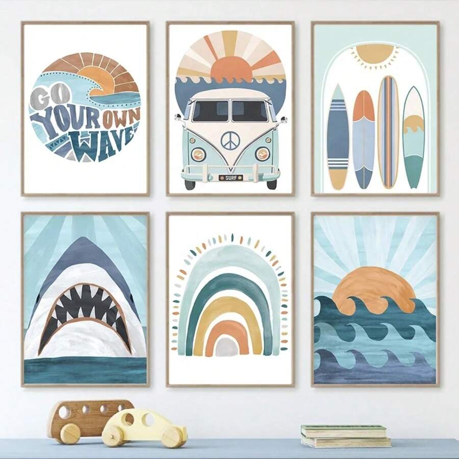 1pc Kids Room Decoration Wall Art Poster Ocean Shark Rainbow Car Surfboard Baby Home Decor Interior Art Mural Prints Wall Painting No Frame