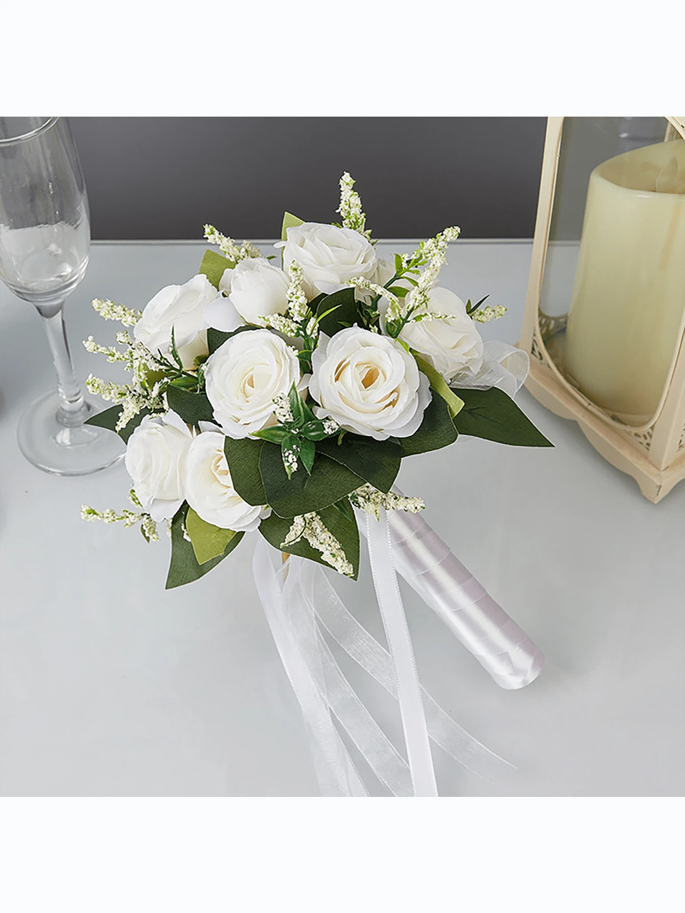 1 Stück Ditsy Floral Vliestoff weiße Rose Brautstrauß Requisite, moderne Braut Fotoshooting Dekoration, elegant und für alle Jahreszeiten geeignet