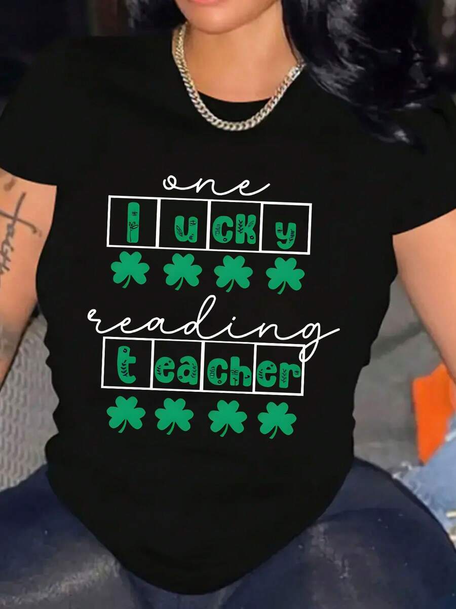 Women Stylish St. Patrick's Day Pattern Printing T-Shirt Cotton Casual Comfy Tees For Daily Wear