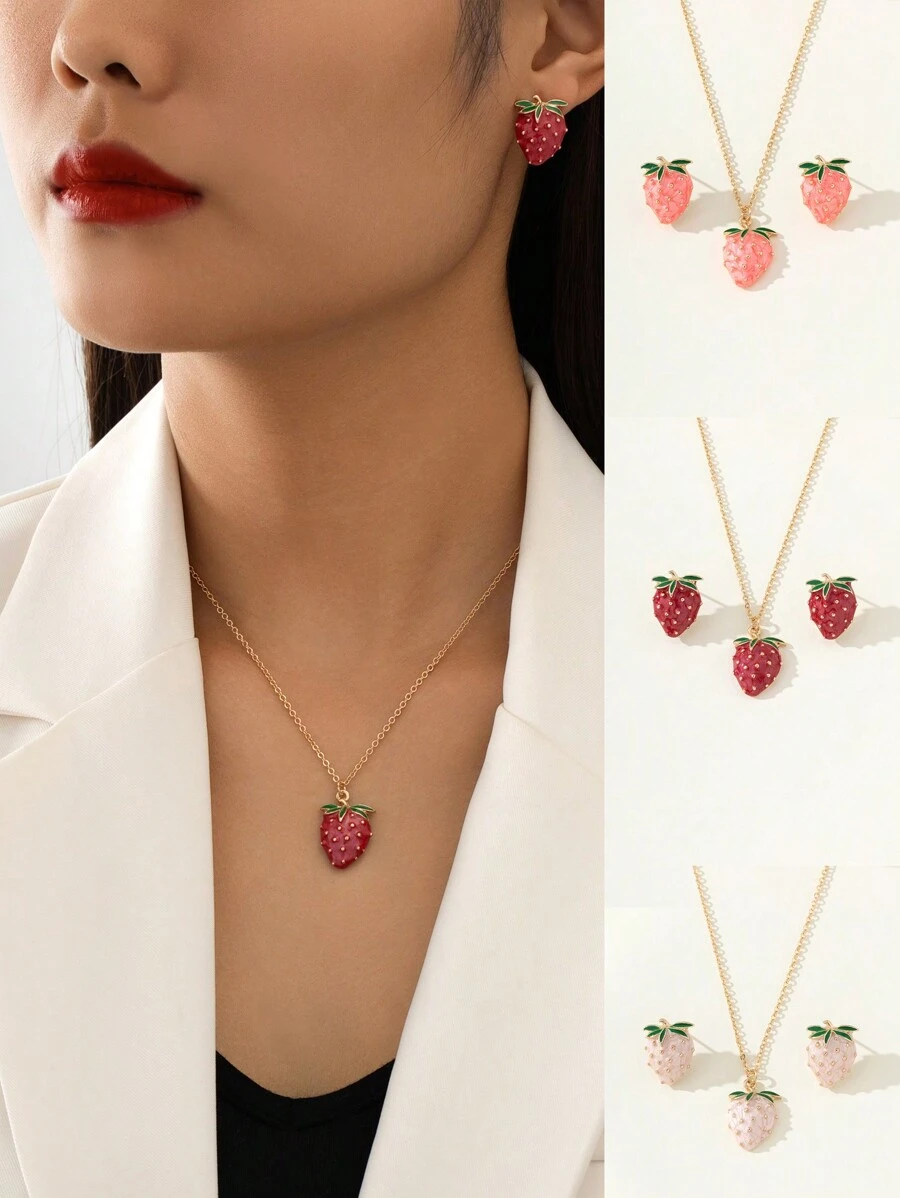 Fashionable Sweet Glazed Strawberry Necklace And Earrings Set For Women, Suitable For Daily Wear And Valentine's Day
