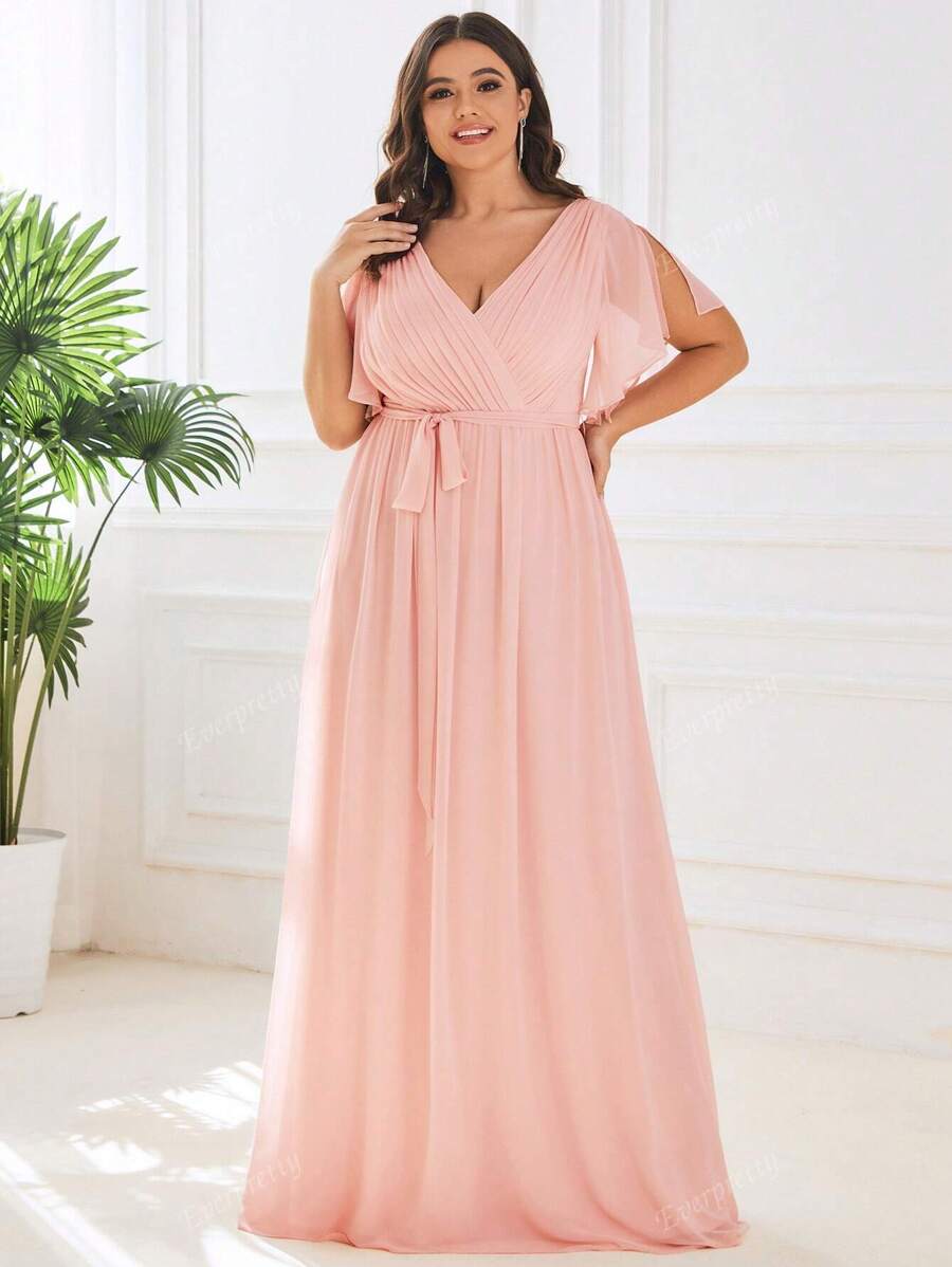 EVER-PRETTY Robes de demoiselle d'honneur longues de soirée élégantes avec col V plissé, manches à volants et longueur jusqu'aux pieds