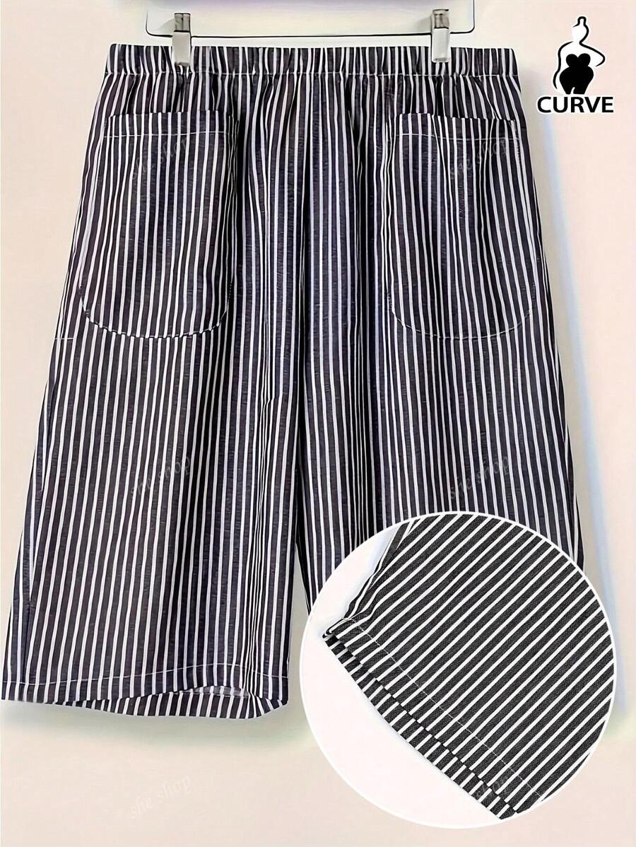 Short ample décontracté confortable avec taille élastique, imprimé rayé de plage de style classique, pour le printemps/été, grande taille