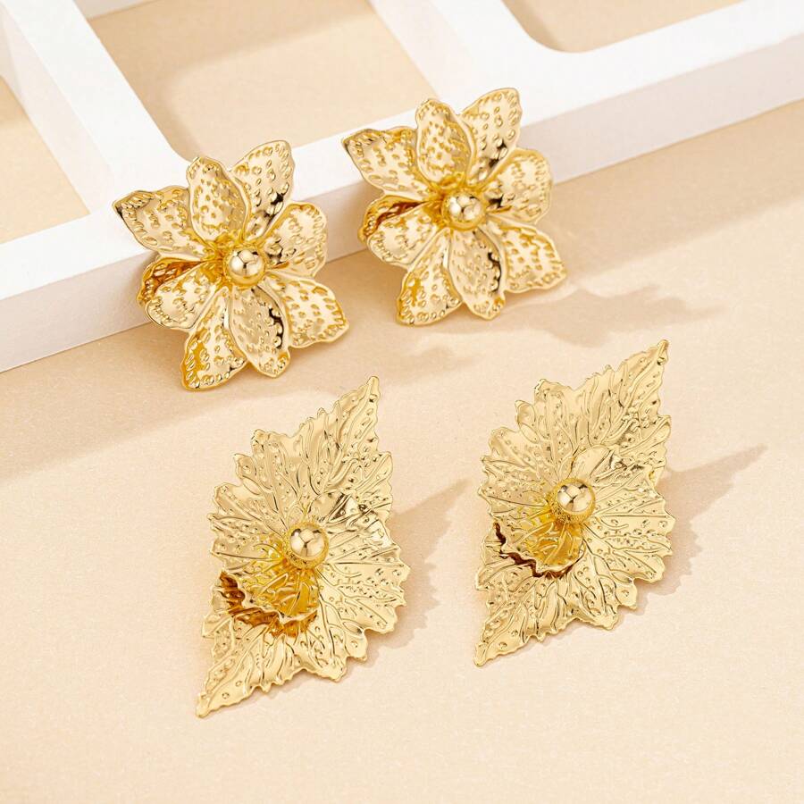 Vintage French Metal Flower 3D Drop Earrings, Exaggerated European & American Fashion Personalized Leaf Stud Jewelry
