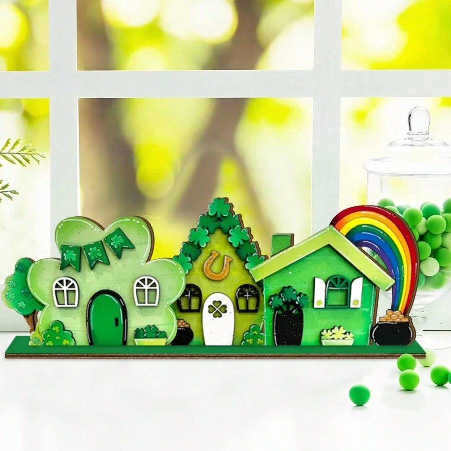 1Set St. Patrick Day Green Farmhouse Wooden Tabletop Decorations Sign Table Centerpiece Lucky Clover Coins Jar Green Shamrock Rainbow Sign For Farmhouse St. Patrick Day Theme Party Decor Dinner Party Coffee Bar Irish Table Topper Decor
