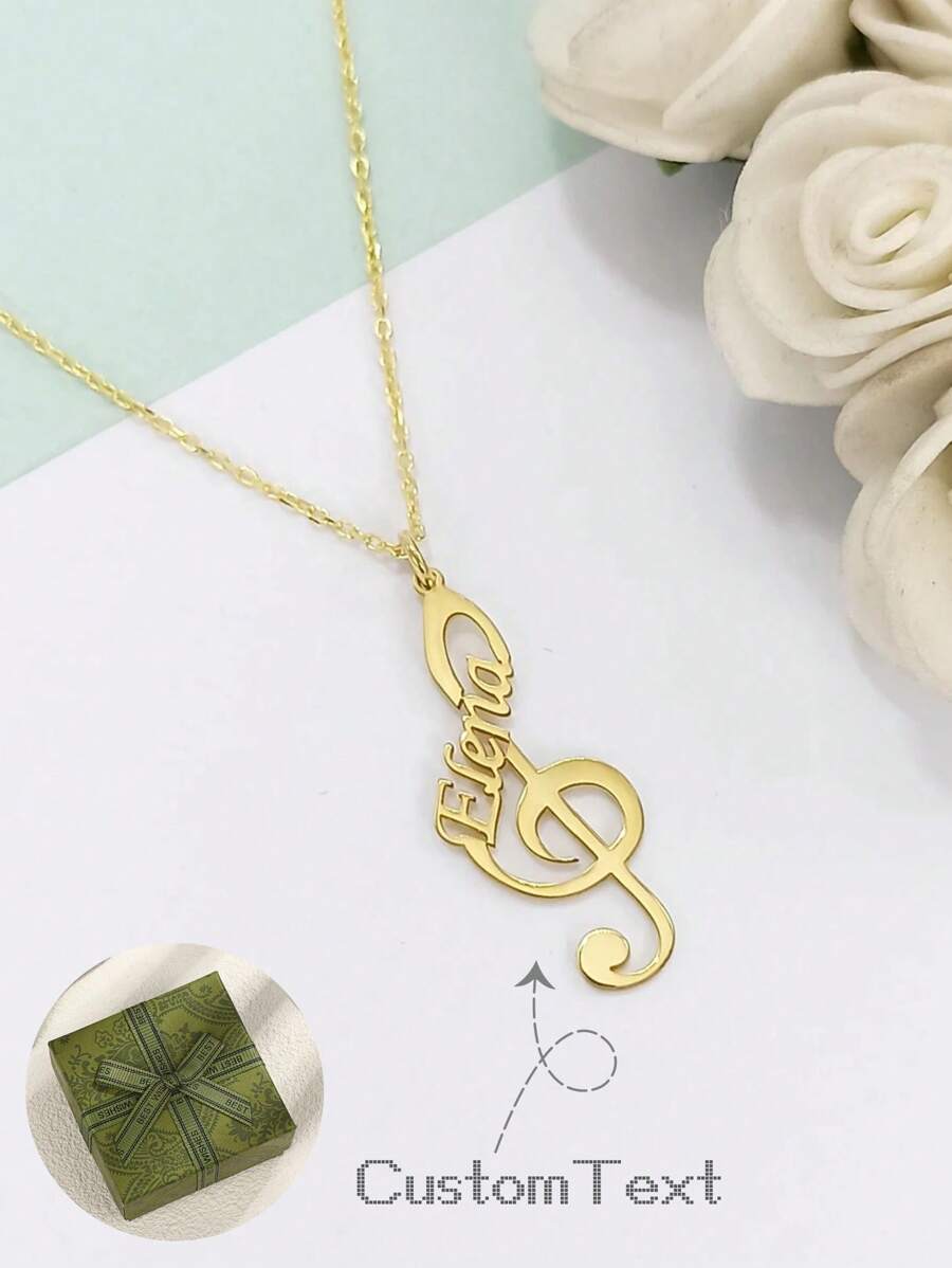1 pièce collier personnalisé avec clé de sol gravée, collier de note avec nom, pendentif personnalisé avec symbole musical, cadeau parfait pour les amoureux, les amis, la Saint-Valentin, l'anniversaire, cadeau de luxe romantique pour la Saint-Valentin et l'anniversaire, boîte cadeau mode et casual, cadeau pour les musiciens. Fête des mères.
