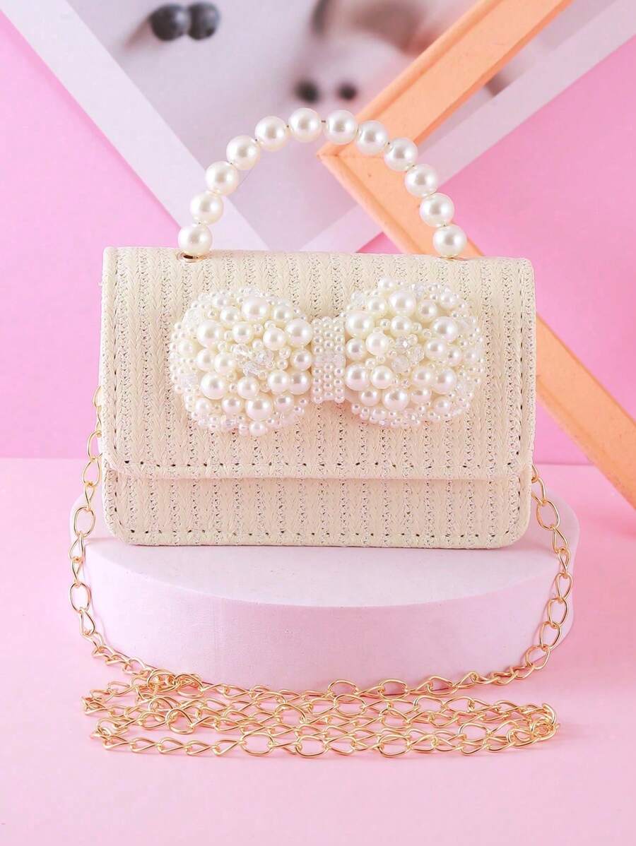 1 pieza Bolso de mano/bandolera de niña con gran lazo de perla, decoración, material de paja PU, cierre con solapa, cadena metálica y asa con cuentas, adecuado para uso diario y vacaciones, bolso de mano/monedero de princesa para snacks