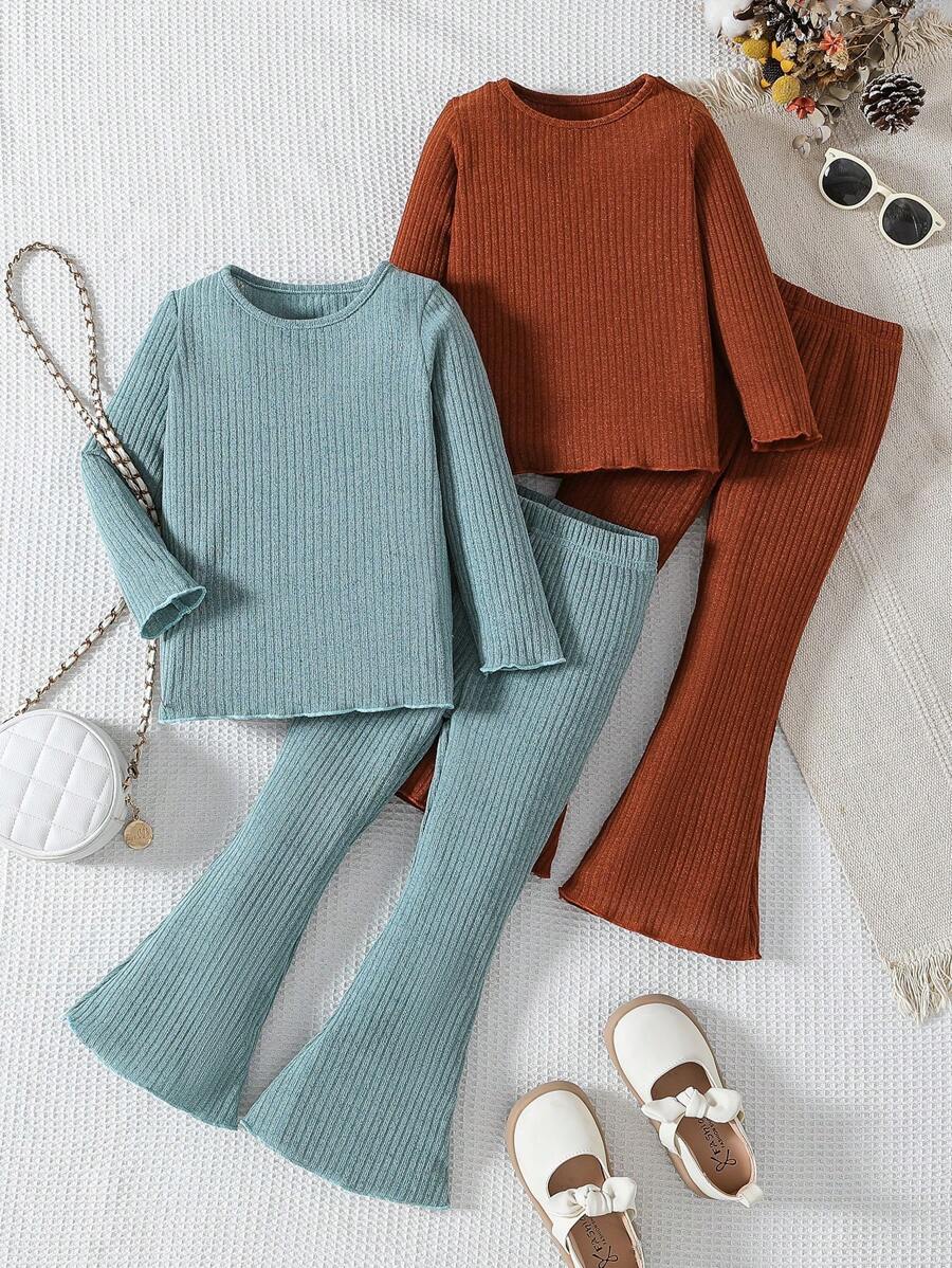 4pcs Young Girl Girls Solid Color Versatile Crew Neck Long Sleeve Top & Flared Pants Warm Outfit Set