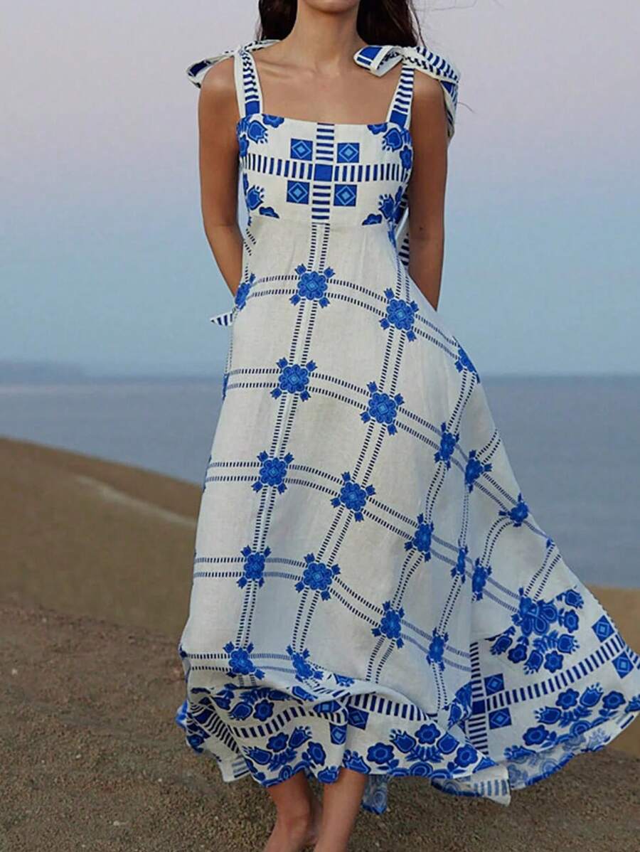 Polka Dot & Floral Print Square Neck Tied Waist Boho Dress, Blue & White Porcelain Style, Suitable For Holiday, Spring/Summer