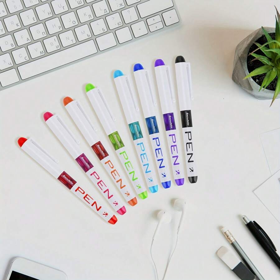 A Set Of 8 Disposable Fine Tipped Fountain Pens, In Various Colors, With Smooth Writing And Visible Ink Supply - Made Of Plastic Material And EF Tip