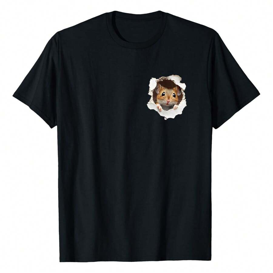 Cute Curious Mouse On Wall Crack Hole Funny Rat Pocket Pet T-Shirt Versatile Women's T-Shirts