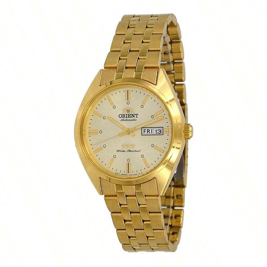 Orient Relógio mecânico automático dourado masculino 3 estrelas, relógio de pulso dourado pequeno vintage para negócios com visor de data, RA-AB0E04