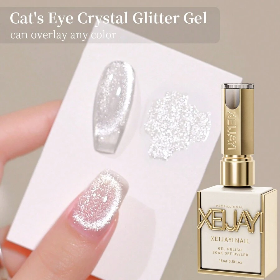 XEIJAYI 1Pc 15ml Universal Cat Eye Gel Nail Polish, Bright Silver UV Gel Nail Polish, Glitter Magnetic Nail Art Varnish, UV/LED Lamp Needed, For Women Home Salon Nail Art DIY-No Magnetic Stick Included