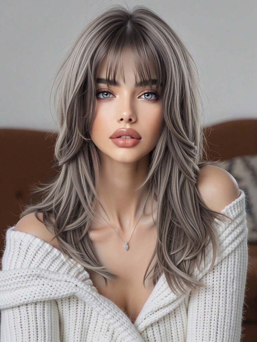 18 Inch Grey Curly Wig Multicolor With Bangs Synthetic Heat-Resistant Wig For Daily Fashion Parties Cosplay Christmas Use