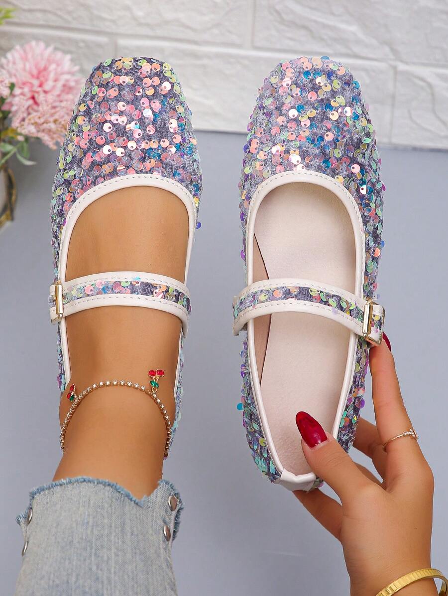 Women's Colorful Sequin Ballet Flats, New Autumn Casual Slip-On Soft Sole Flat Shoes, Random Pattern Design, Gray Color