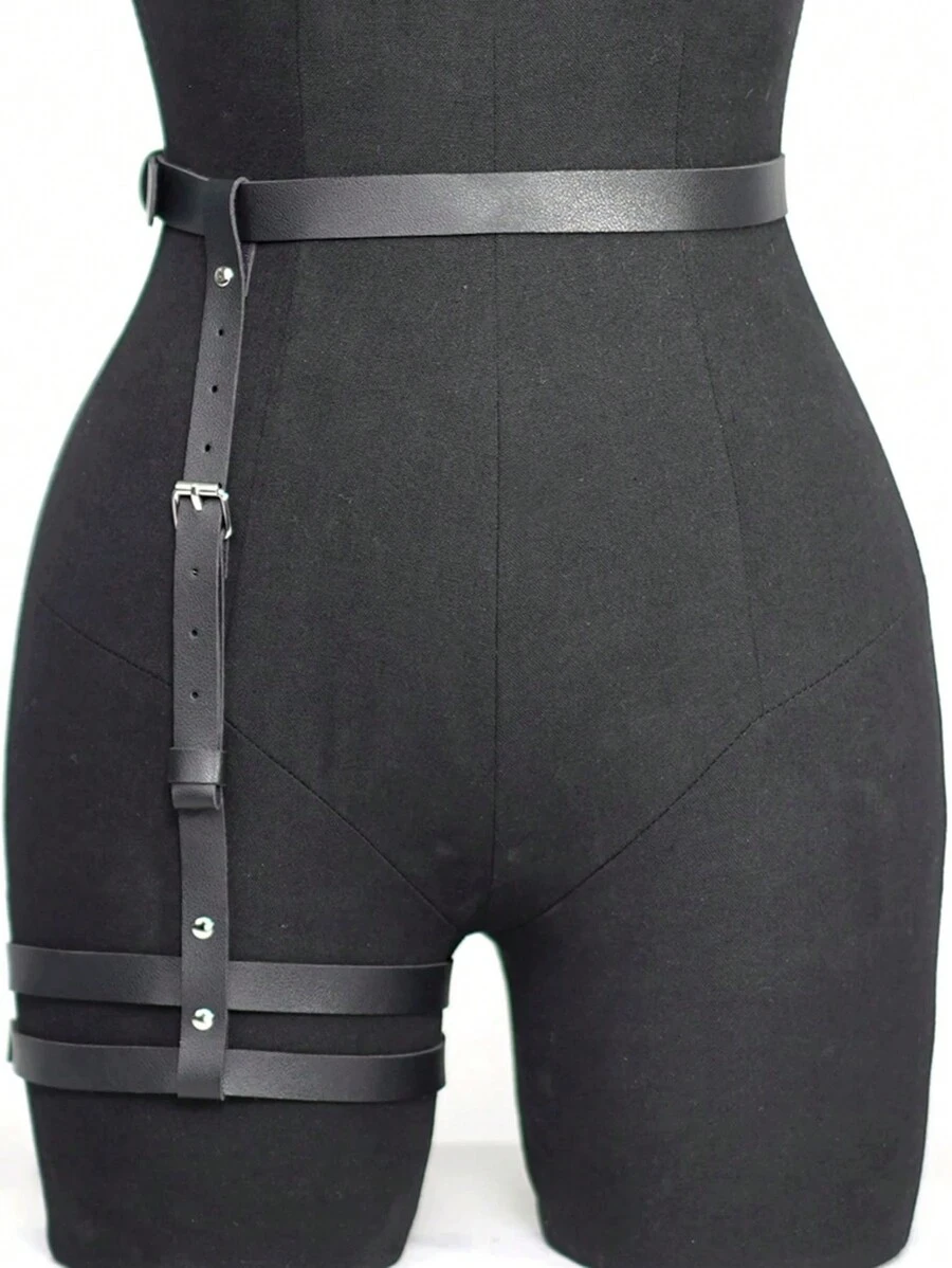 Cinturón de arnés de piel sintética negra para mujeres - Arnés corporal ajustable con correas para las piernas - Accesorio de moda gótica, festivales y raves