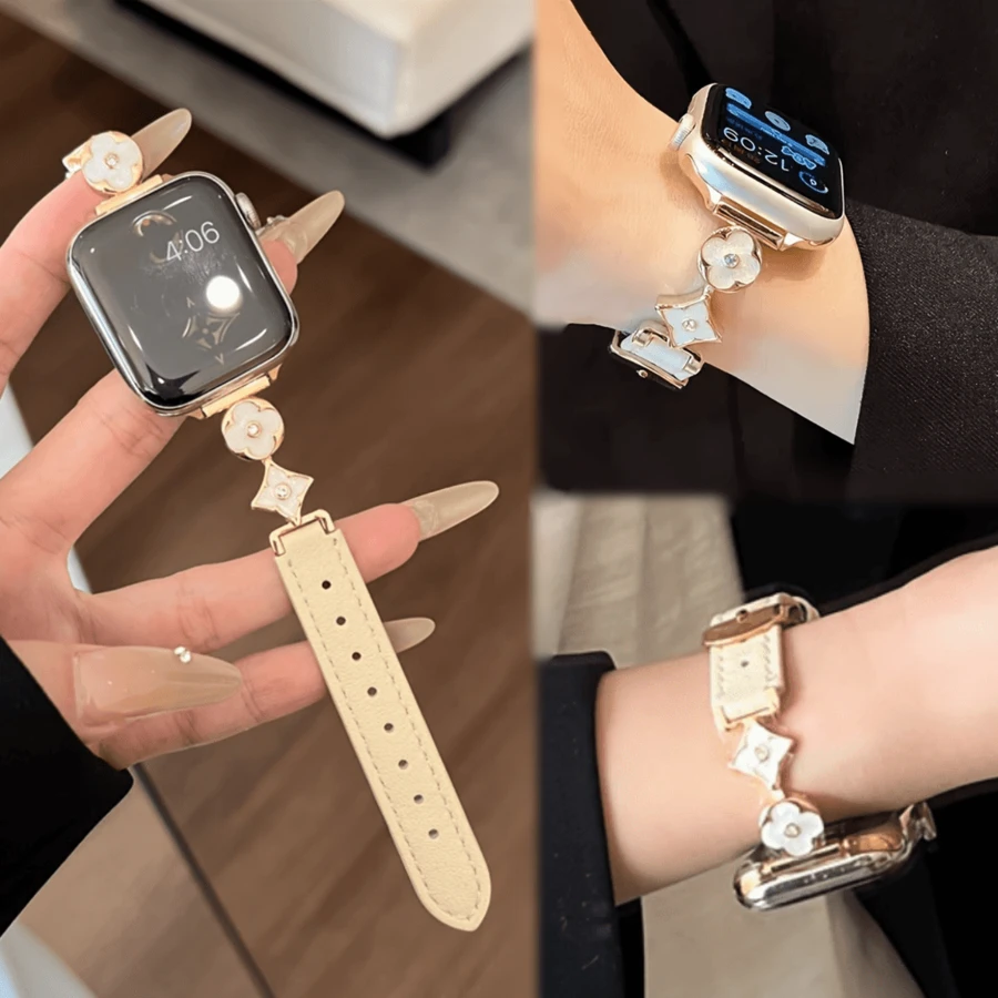 1 paquet de bracelet de montre, design floral classique et simple, compatible avec Apple Watch Series Ultra/SE/9/8/7/6/5/4/3/2/1, 38/40/41/42/44/45/46/49mm. Bracelet de montre de mode casual de luxe, réglable, design minimaliste, compatible avec Apple Watch, cadeau de la Saint-Valentin