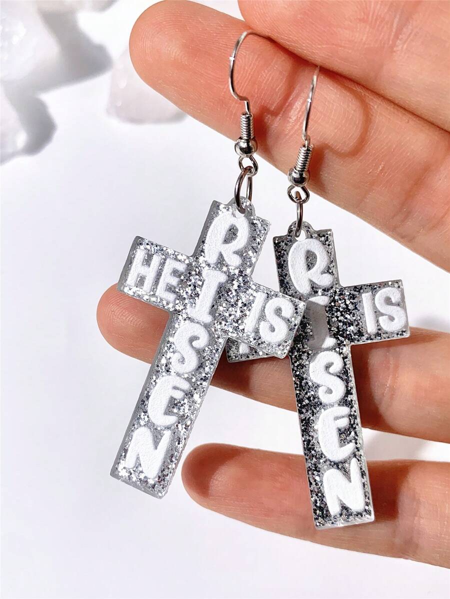 1 par de brincos de acrílico prateados com glitter e cruz, design simples, porém exclusivo, presente perfeito para mulheres, adequado para festas e casamentos