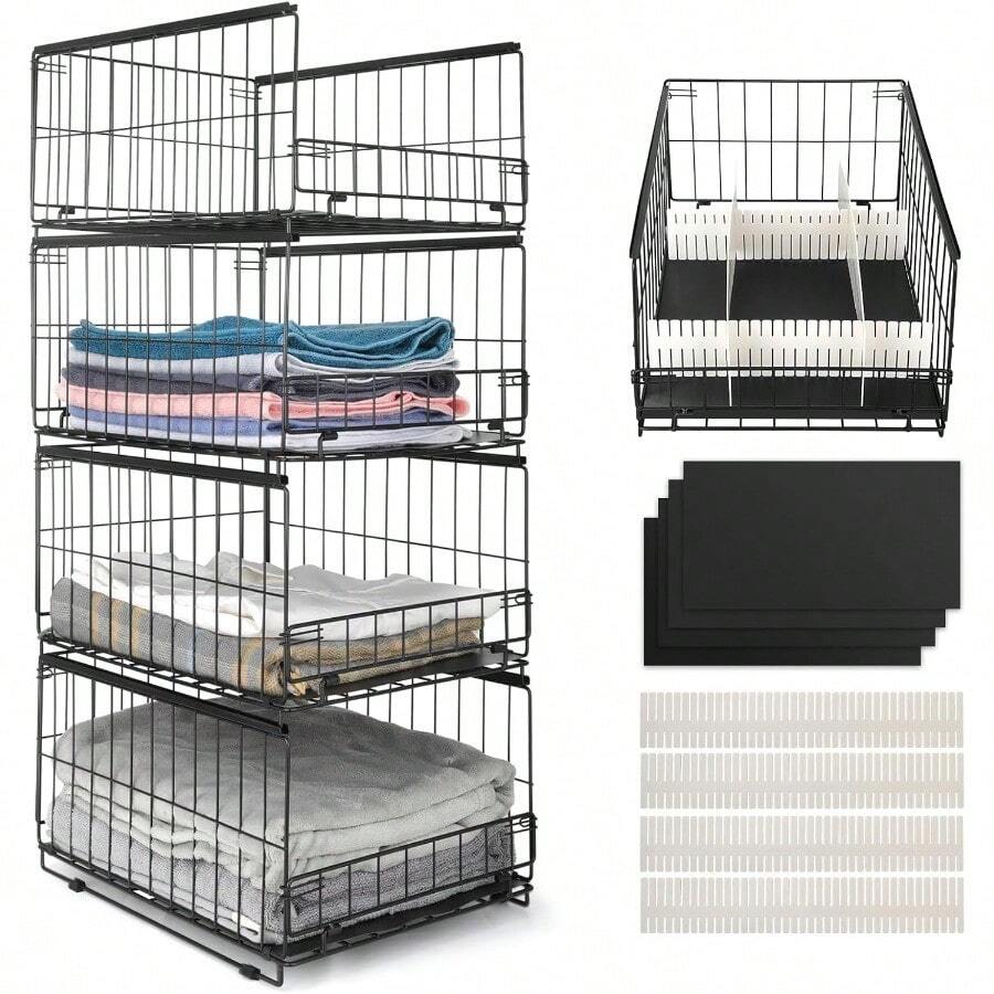 Lot de 3/4 Organisateur Armoire Vetement Placard Rangement Boite Pliable Empilable Métal pour Chambre Penderie Vetement