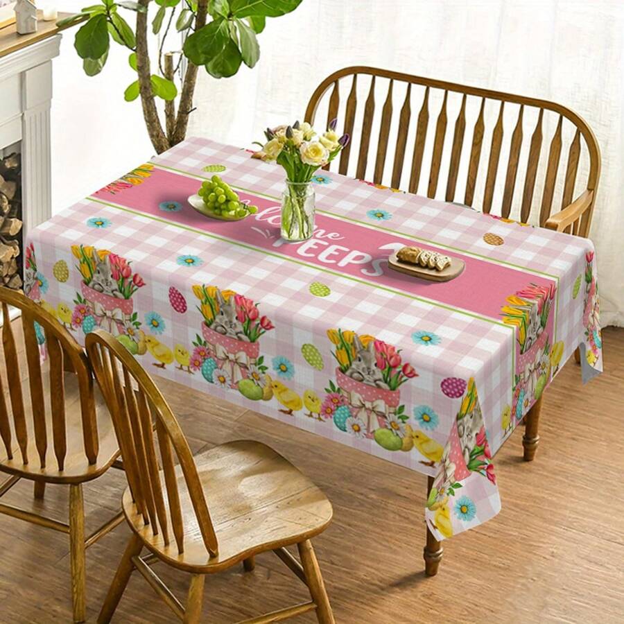 1pc Easter Text Design Tablecloth,Rabbit Bouquet Easter Egg Print Pink Checkered Design Tablecloth,Spring Fresh Design,Festive Party Decor For Indoor And Outdoor, Easter Decoration, Perfect Easter Gift For Family And Friends