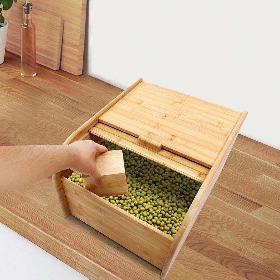 CNCEST Bamboo Rice Storage Container 33.07 Lbs Wood Rice Storage Box With Measuring Cup Cereal Storage Containers Rice Storage Container With Sliding Lid For Grain Cereal Soybean Corn