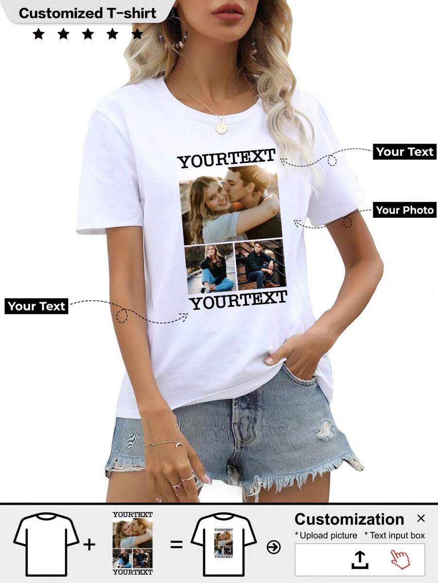 Customized Women's T-Shirt, Youthful Vitality, Couple Embrace Photos, Freely Add Text And Pictures, Anniversary Gifts, Valentine's Day Gifts, Give To Your Loved Ones Stylish,Fashion,Hipster,Casual,Minimal Chic Personalized,Customized,Custom,Unique Guy Costumes,Capsule Wardrobe,Men Basic/Street Style Ideal Gifts For Him Boyfriend,Family,Friends For Birthdays,For Vacation/Holiday,For School/Competition,For Sports/Climbing