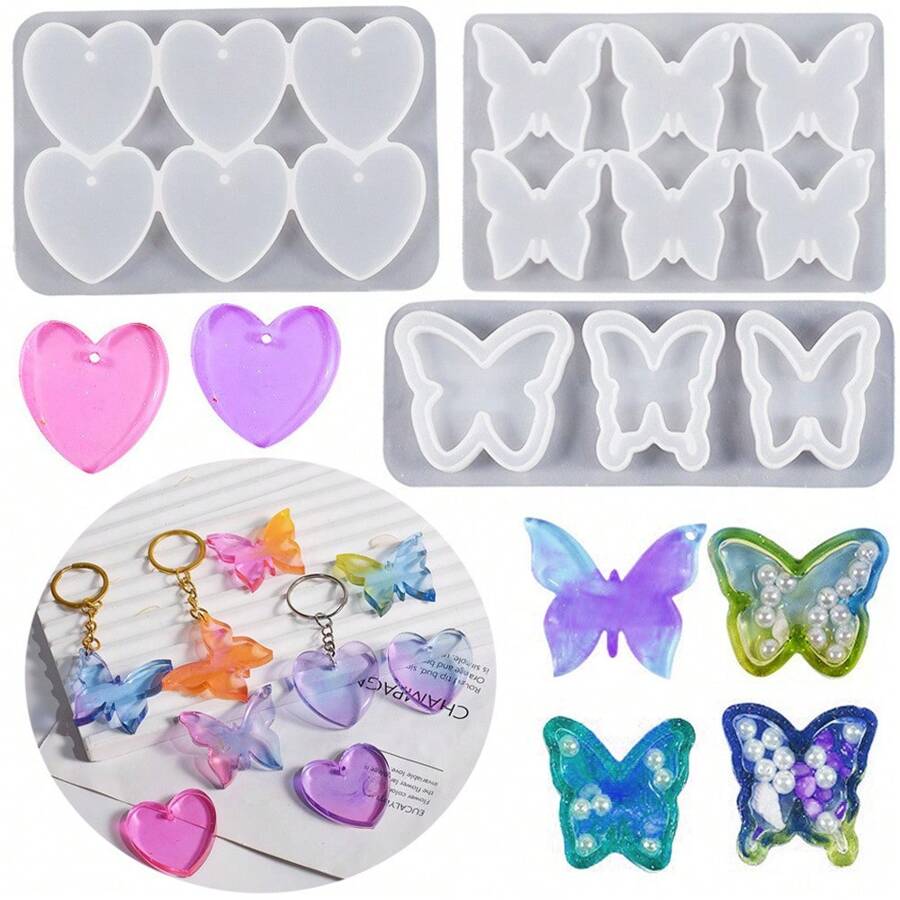 1 Peça de Molde de Silicone em Forma de Coração de Borboleta de 3 em 6 Furos para Pingente e Chaveiro de Resina com Conta-Gotas de Cristal DIY