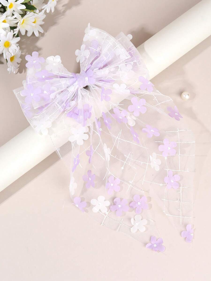 1 st. Kleine Bloemendecoratie Strik Haarspeldjes Voor Meisjes Witte Paarse Bloemen Haarstrik Clips Met Grote Staart Voor Kinderen Peuters Mesh Alligator Haarspeldjes Dagelijks Feest Cadeau Haaraccessoires