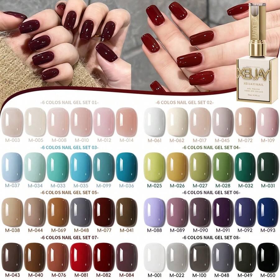 XEIJAYI XEIJAYI 6Pcs 15ML Jelly Ice Transparent Nude Green Blue Green And Colorful And Pure Gel Nail Polish Set Peelable UV LED Gel Polish, Glossy Finish, For Nail Salon And DIY For Beginners
