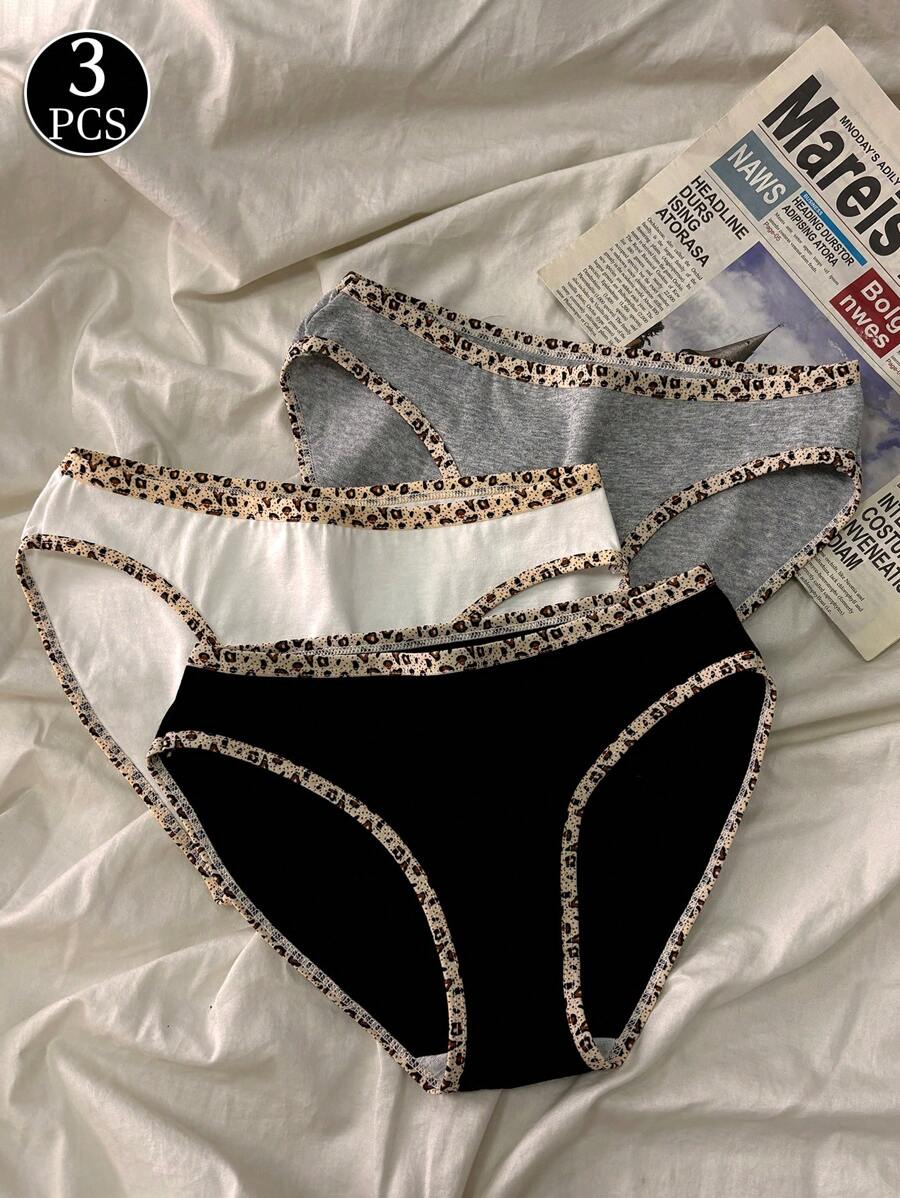 3pcs Tween Girls' Contrast Color Edge Basic Comfortable Breathable Underwear