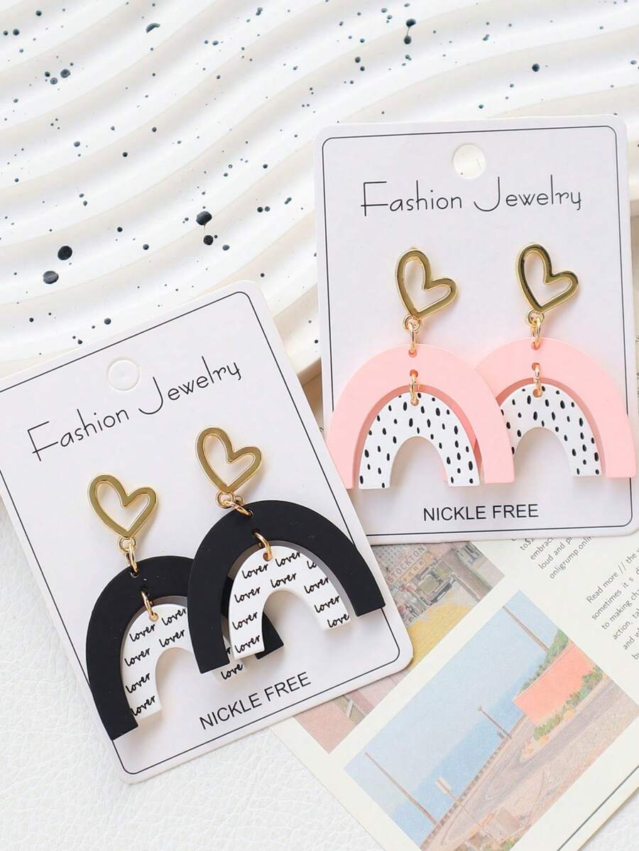 1 Pair Valentine's Day Faux Clay Acrylic Matte Lacquer Geometric Arch-Like Heart Lover Polka Dot Print Earrings,Elegant Quality Holiday Gift Earrings, Ins Style