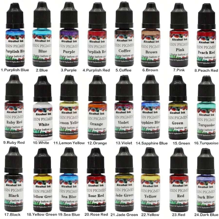 24 Colors 10ml High Concentrated Alcohol-Based Ink, Concentrated Epoxy Resin Paint Colour Dye Great For Resin Petri Dish, Coaster, Painting, Tumbler Cup Making
